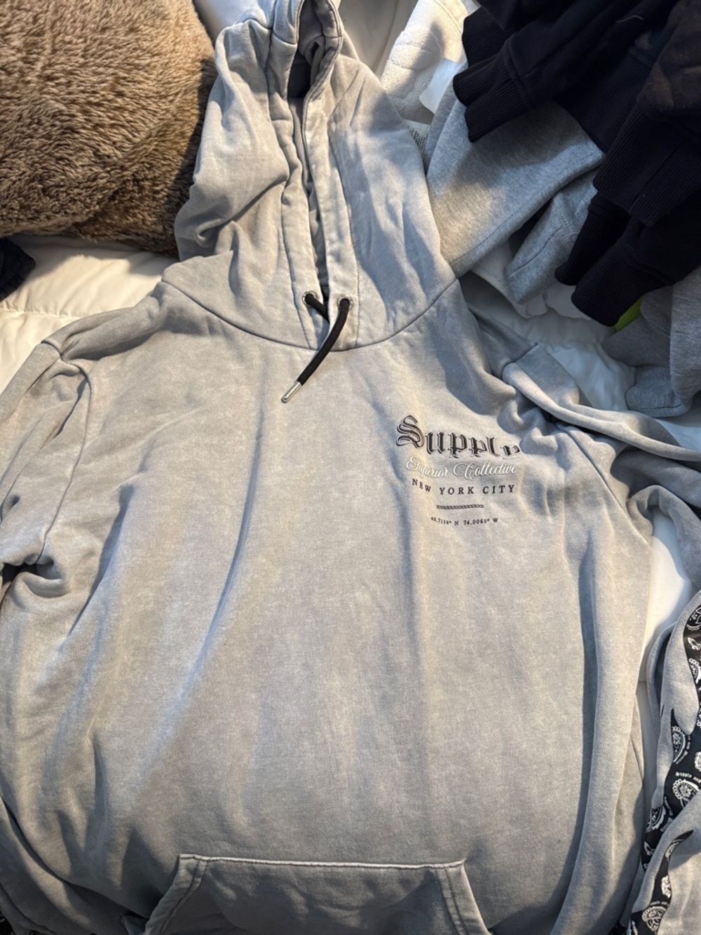 Gray Hooded Sweatshirt with 'Supply' Chest Print